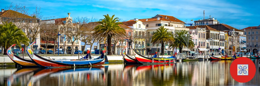 Aveiro view on the Ria canal and Moliceiro boats, Portugal