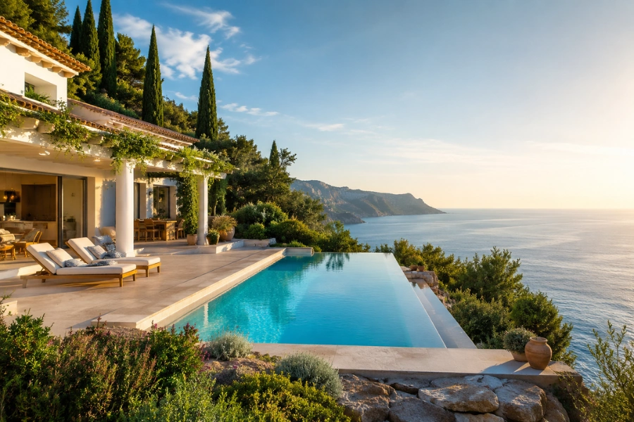 Waterfront house with swimming pool - IA generated